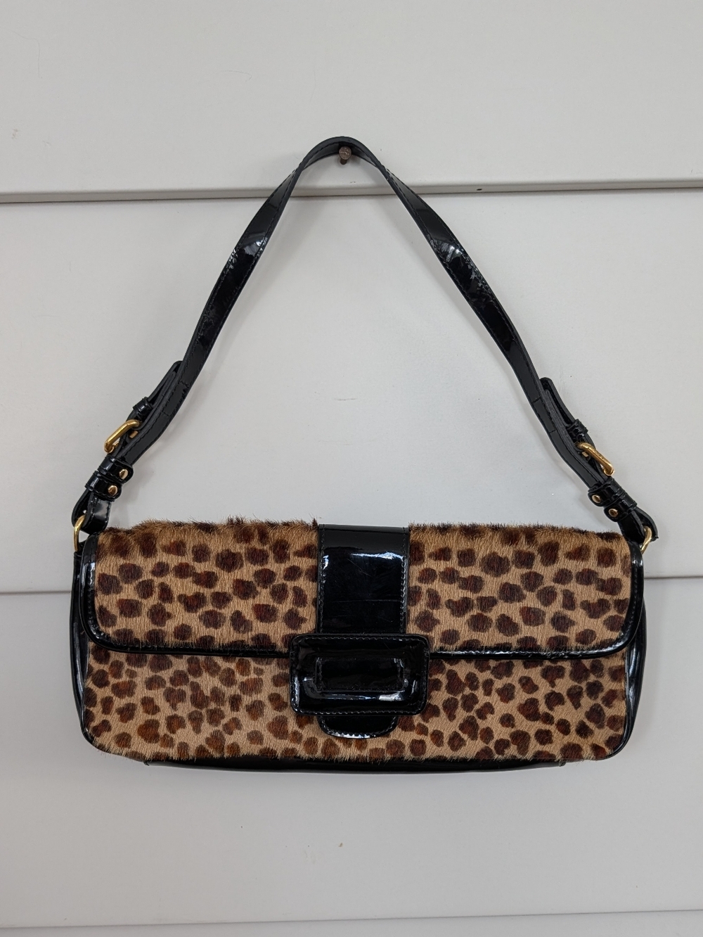 CACHE Leopard Print Faux Fur with Patent Leather Trim Clutch Bag Purse
